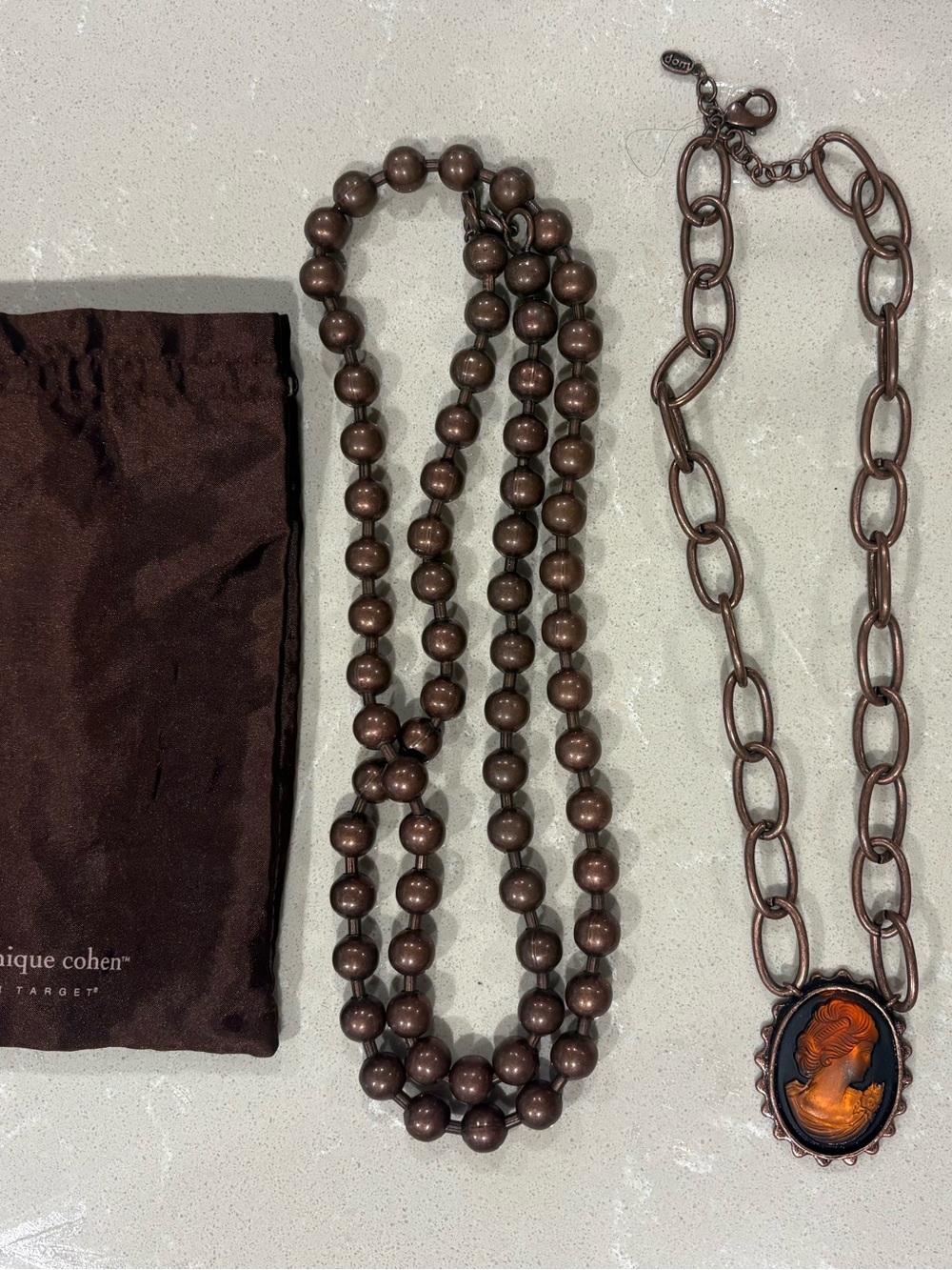 Dominique Cohen for Target 2007 Brown Cameo Necklace and copper tone beads set